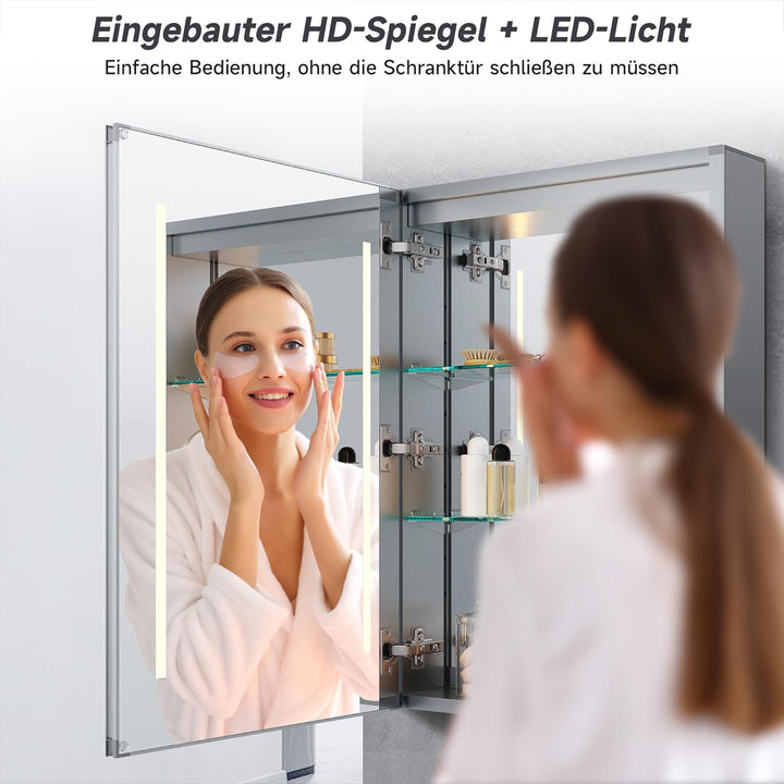 SONNI LED Spiegelschrank mit Beleuchtung 50 × 70cm Aluminium beschlagfrei Kabelloses Scharnier Desig