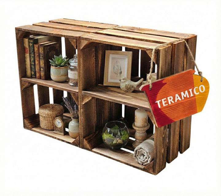 Teramico Vintage Holzkisten 40 x 30 x 25cm geflammt | Weinkisten &amp; Obstkisten | Set-Angebote (2er Se