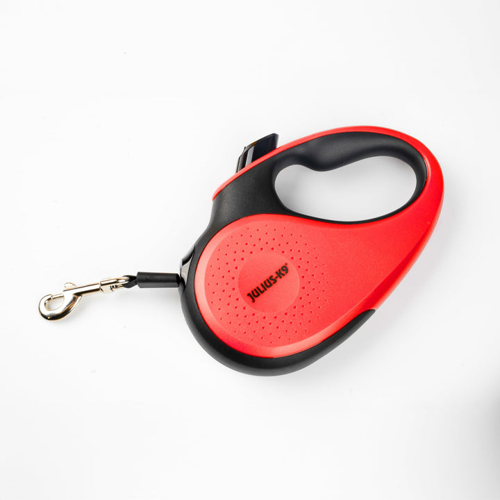 Julius-K9 Rollleine, M - 5 m Band, Schwarz/Rot – Rutschfester Griff, Bandleine, ausziehbar, Einhandb