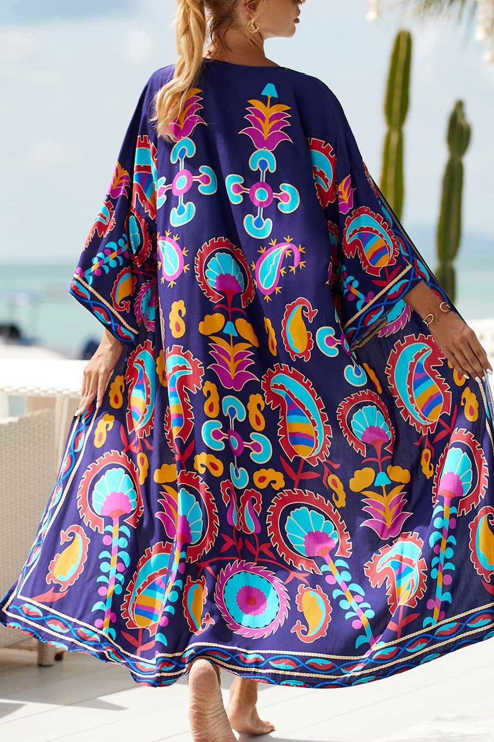 Frauen Sommer Langer Kaftan Maxi Böhmisches Kleid Strand Vertuschungsrobe Geräumiger Kimono Einheits