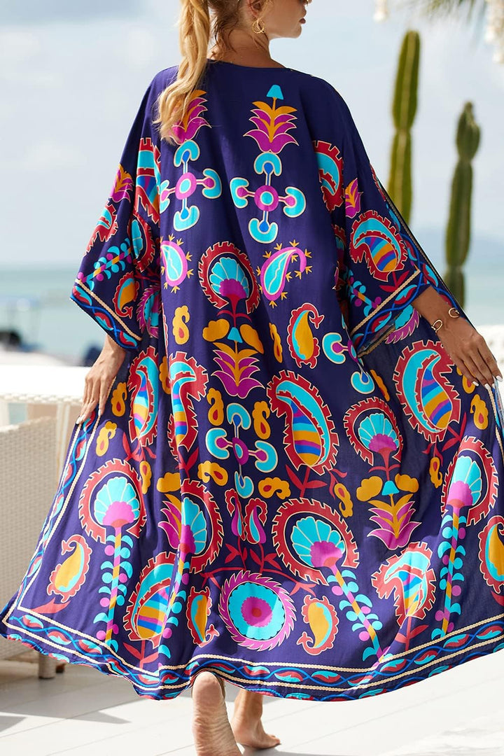 Frauen Sommer Langer Kaftan Maxi Böhmisches Kleid Strand Vertuschungsrobe Geräumiger Kimono Einheits