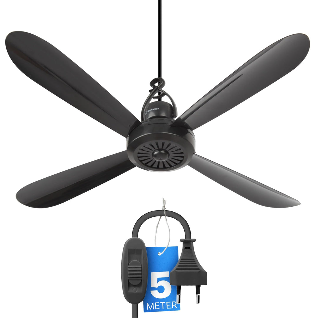 Bestlivings Mobiler Deckenventilator Schwarz (5m XXL Kabel) mit Stecker und Schalter, 220V-240V / 5