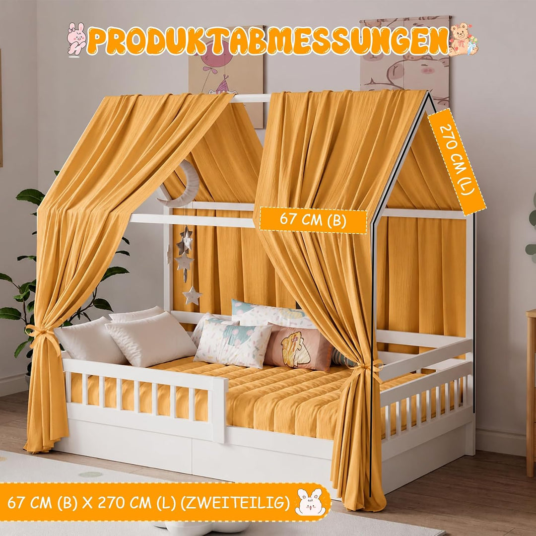2 Stück Hausbett Himmel, Betthimmel Hausbett aus 100% Baumwolle Musselin | H270 x B67 cm Stoffhimmel