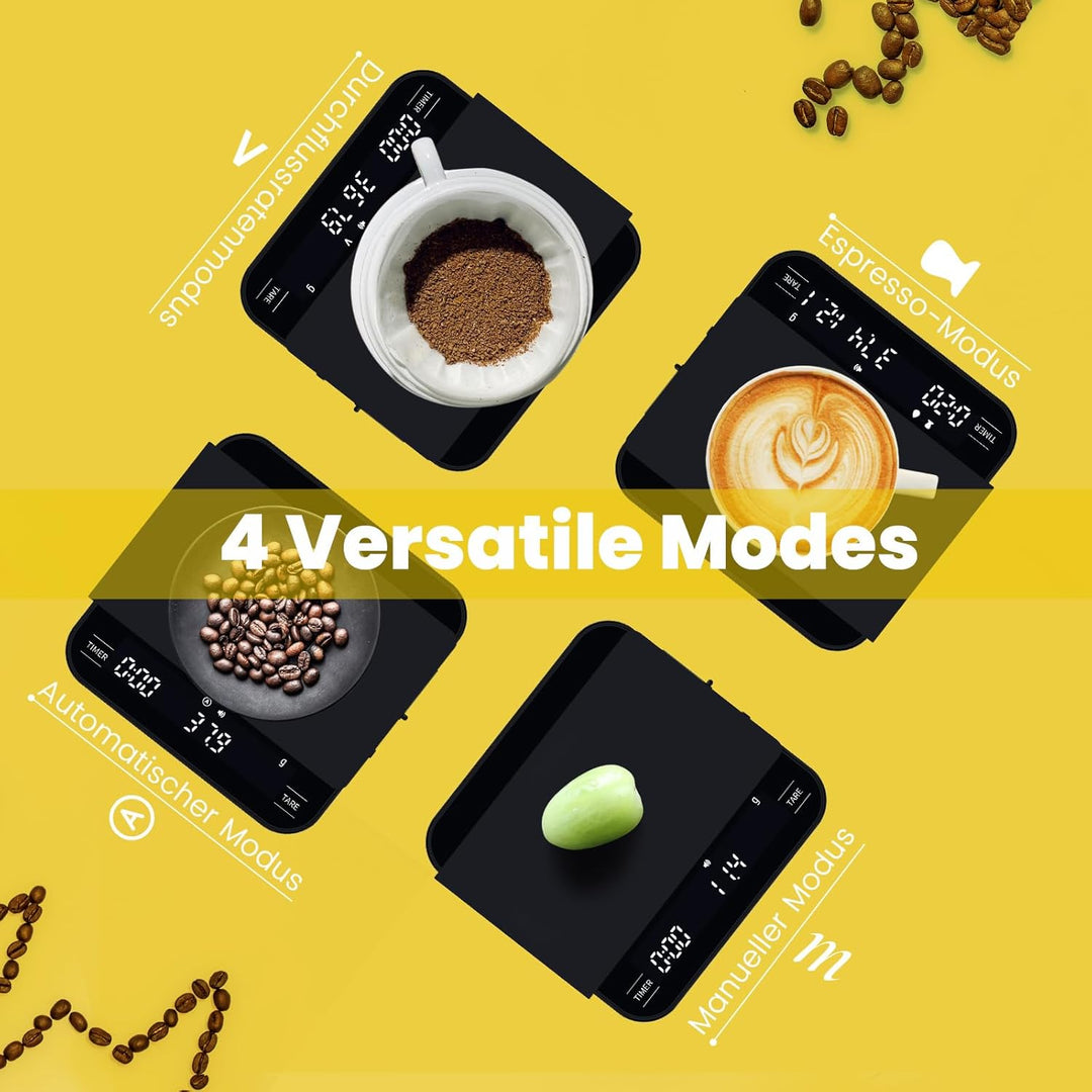Kaffeewaage mit Timer, 4 Modi Digitale Espresso Waage mit Verhältnis, Mini Coffee Scale mit Durchflu