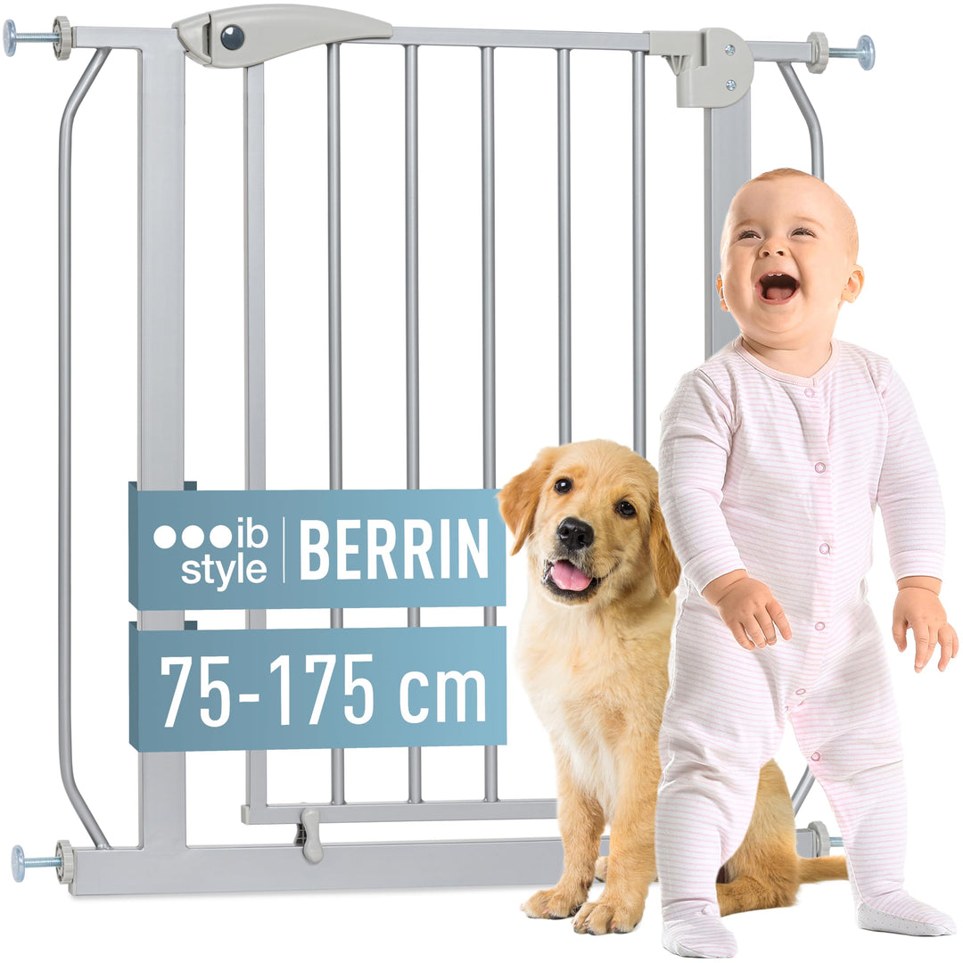 ib style® Berrin Treppengitter 67-175cm | Türschutzgitter | Ohne Bohren | Auto-Close | 90° Stop |Sil