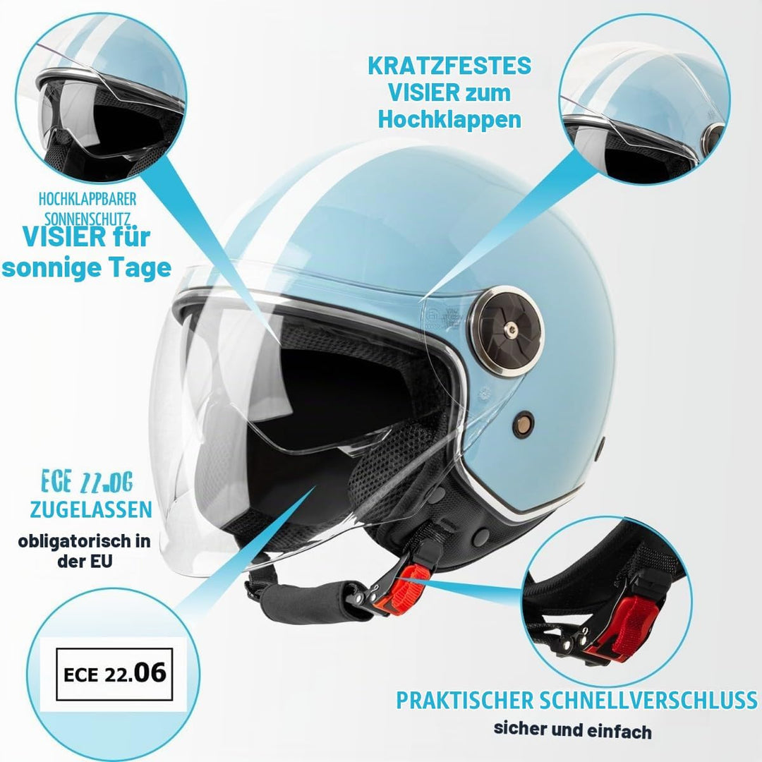 VINZ Arenas Jethelm mit Doppelvisier | Roller Helm Fashionhelm mit Streifen | In Gr. XS-XXL | Jet He