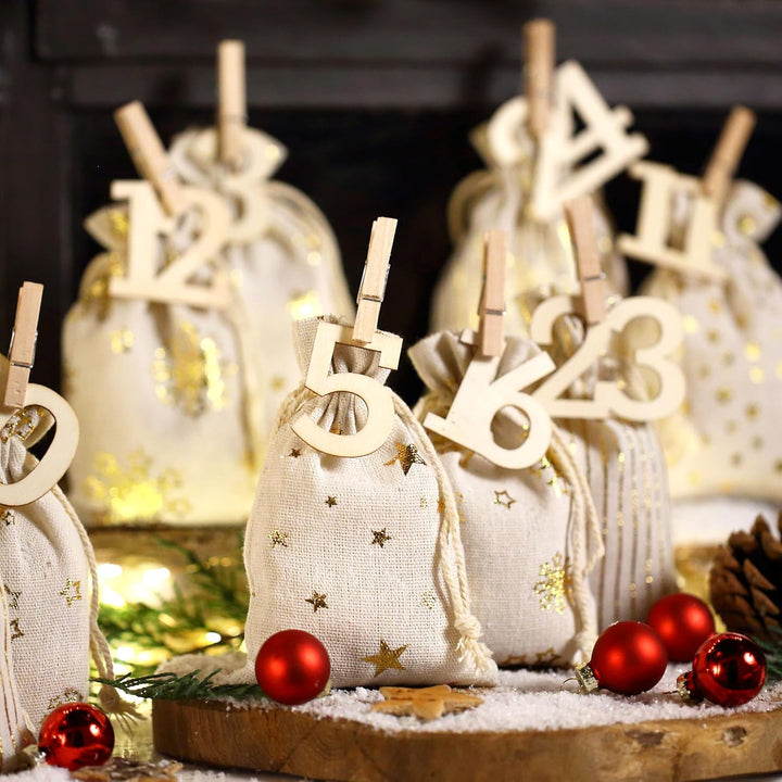 Papierdrachen 24 Adventskalender Stoffsäckchen zum Befüllen - mit XXL Holzzahlen von 1-24 - Geschenk