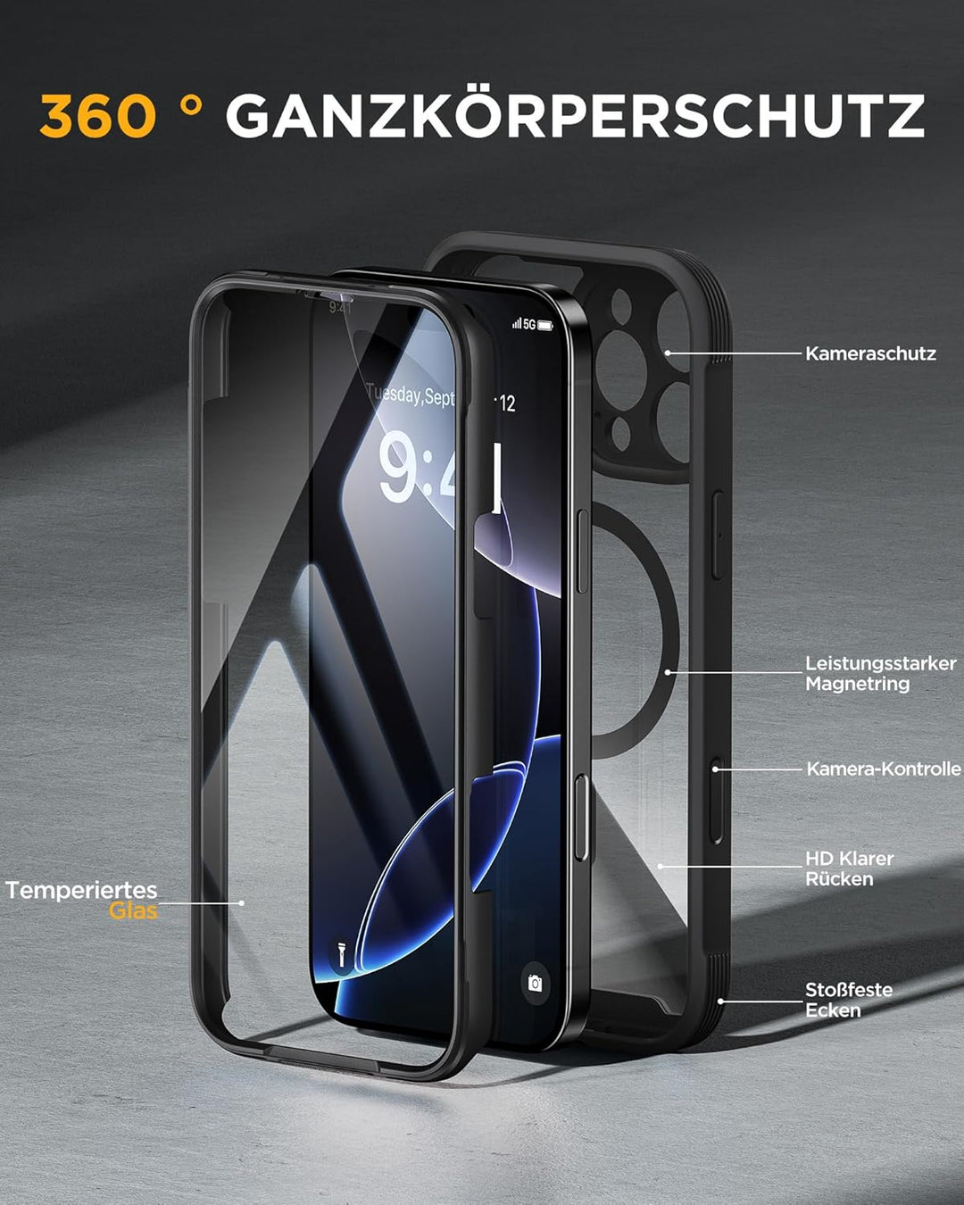 Miracase 360 Grad für iPhone 16 Pro Hülle mit Magsafe, Eingebaut Glas Schutzfolie, Komplettschutz Ha