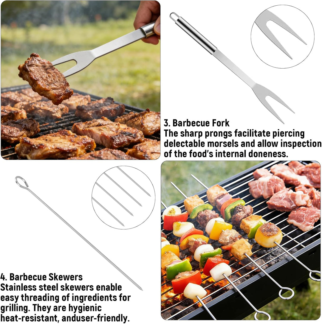 7 Stücke Grillbesteck Set Grillzubehör mit Edelstahl-BBQ-Set (Grillzange, Grillwender, Grillgabel, 4