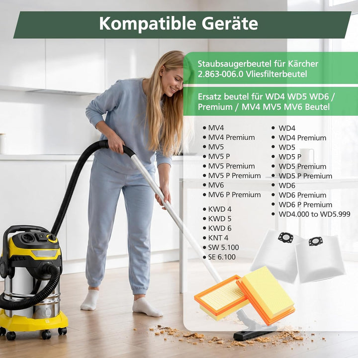 12 Stück KFI 487 Staubsaugerbeutel für Kärcher WD4,WD5,WD6,WD5P,WD6P, MV4, MV5, MV6,für Kärcher 2.86