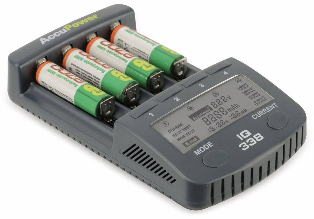 AccuPower IQ-338 IQ338 Rundzellen-Ladegeraet NiCd, NiMH, LiIon 10340, 10350, 10440, 10500, 12500, 12
