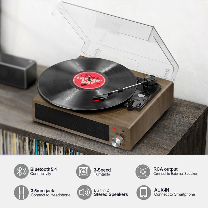 Plattenspieler, FYDEE Vinyl Plattenspieler Bluetooth mit 2 Eingebauten Stereo Lautsprecher, Vintage