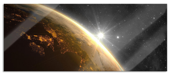 Glasbild Panorama | Wandbild aus Echtglas | Die Sonne und Erde im Weltall | 100x40 cm | inkl. Aufhän