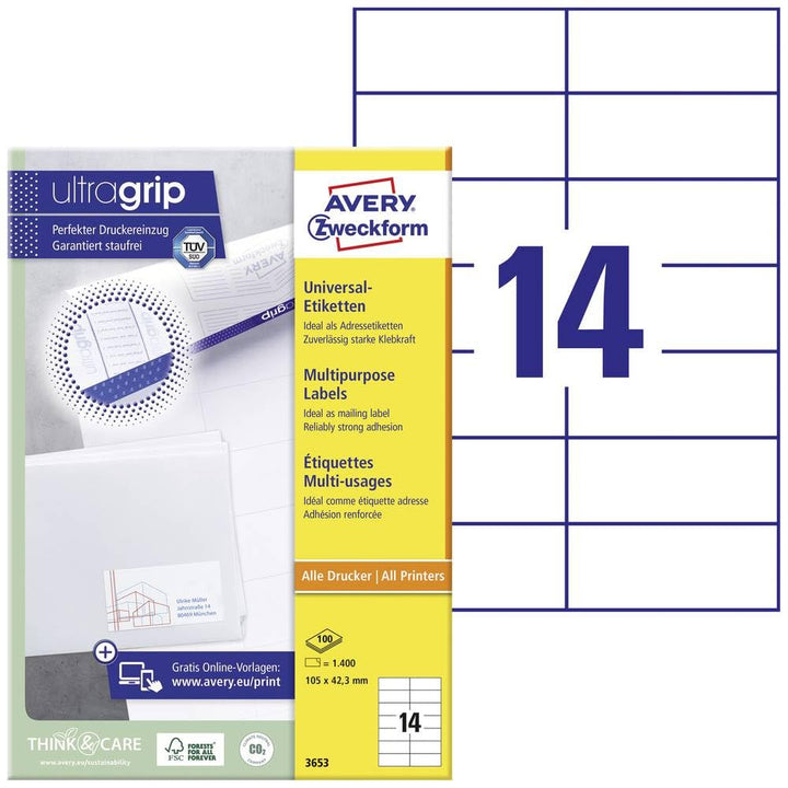AVERY Zweckform 3653 Adressaufkleber (1.400 Klebeetiketten, 105x42,3mm auf A4, Papier matt, individu