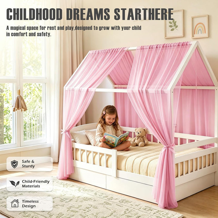 Hausbett Himmel 2er Set aus Voile, Betthimmel und Bettvorhang für Kinderbett, Kinderzimmer Deko für