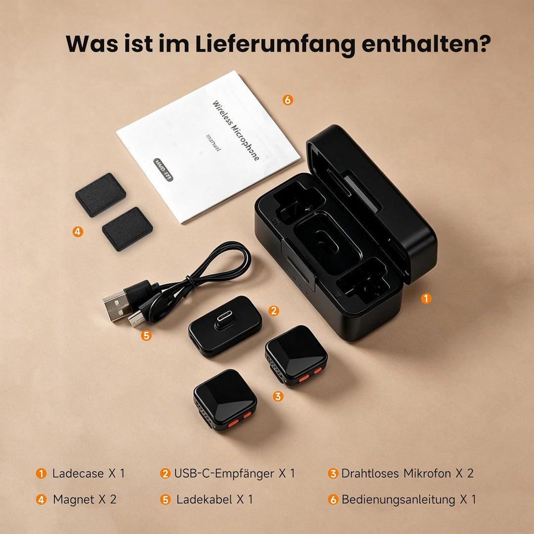 Wireless Lavalier Mikrofon mit Ladecase, 100m Reichweite, KI-Rauschunterdrückung, Clip-On Ansteckmik