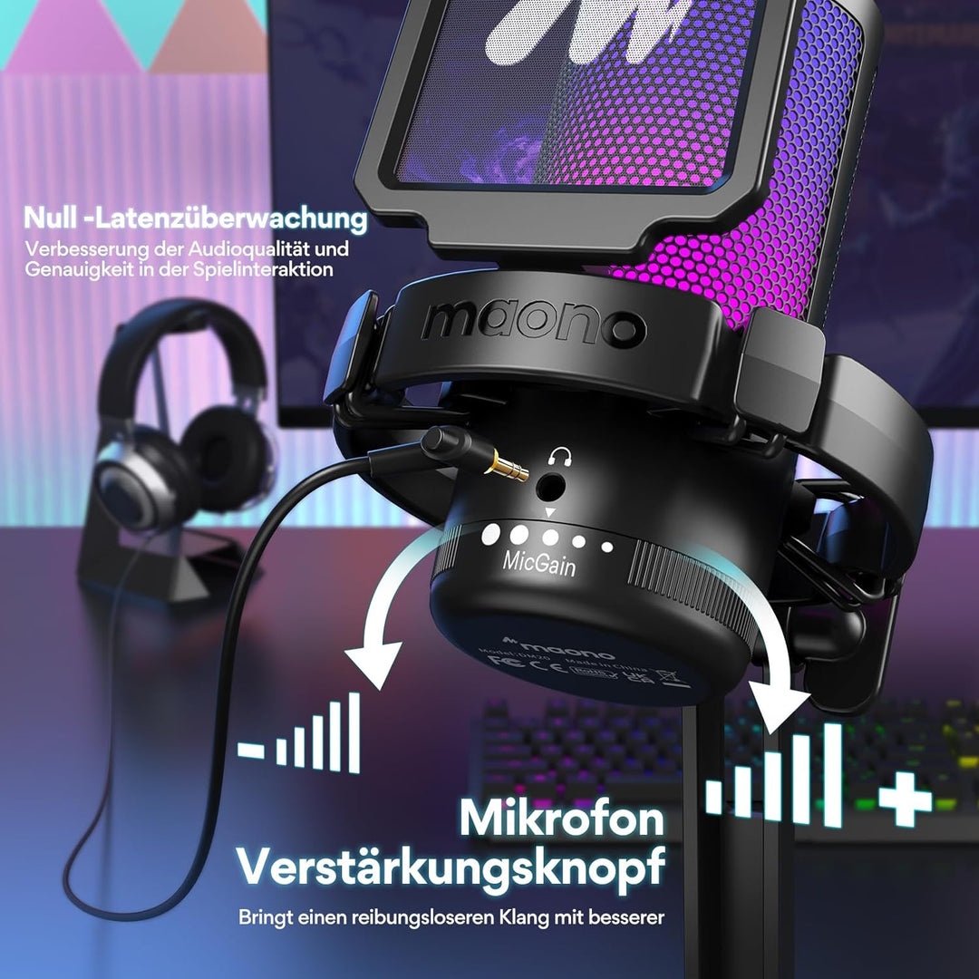 MAONO USB Gaming Mikrofon für PC, Kondensatormikrofon mit RGB-Leuchten für Streaming, Aufnahme, Podc