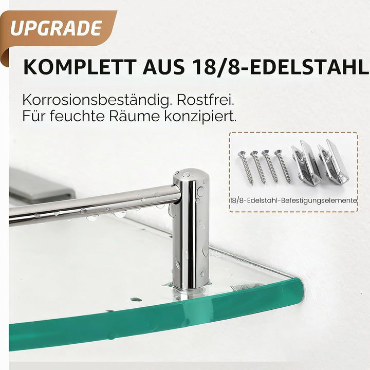 KES Glasregal Ecke mit 18/8 Edelstahl Haken, Hartglas Glasablage Badezimmer Wandregal Glas Glasregal