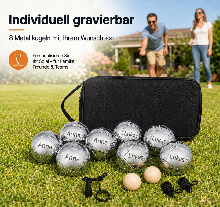 Personalisierte Boule Set, 8 Metall Kugeln mit Gravur, Boccia/Petanque Outdoor Spiel mit Tragetasche