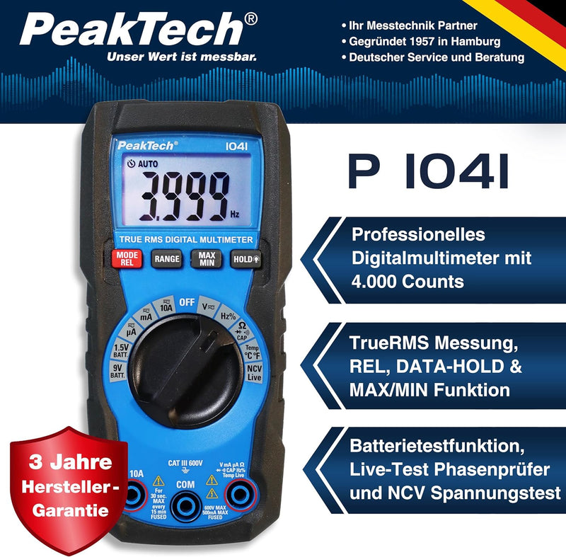 PeakTech 1041 – True RMS Digital Multimeter, Auto-Range, 4.000 Counts, Durchgangsprüfer, Mehrfach-Me