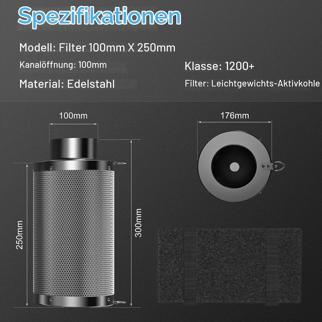 Hon&amp;Guan Aktivkohlefilter 100mm mit Leichtes Carbon 250mm Lang, 38mm Dickes Holzkohlebett für Geruch