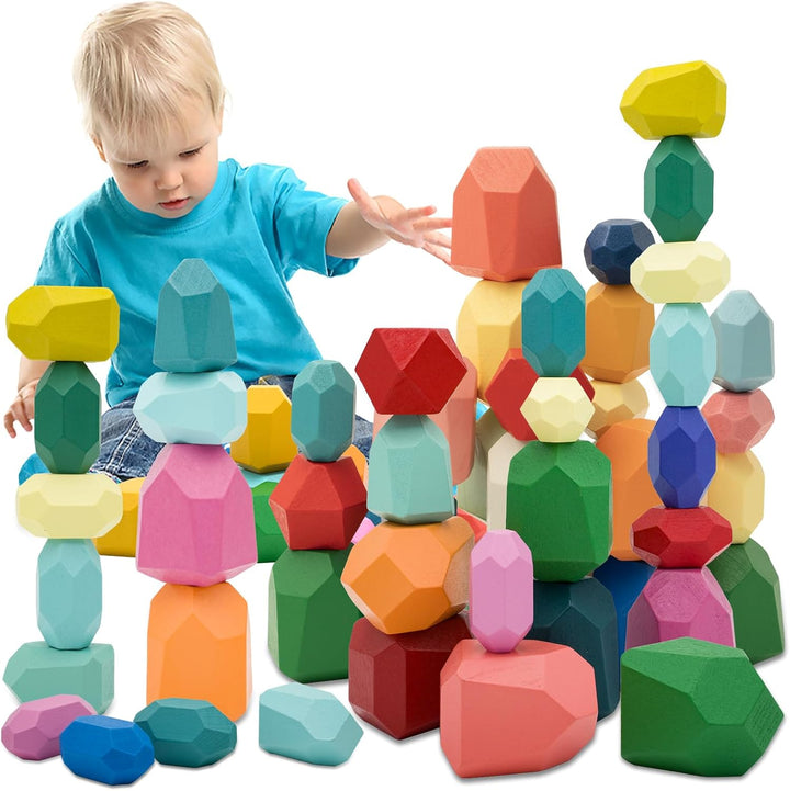 RunHero 39 Stück Stapelsteine Balanciersteine Montessori Holz Bauklötze Spielzeug für Kinder Stapelt