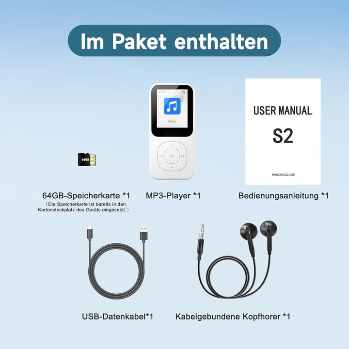 64GB MP3-Player mit Bluetooth 5.3, Tragbarer Musikplayer mit Lautsprecher, FM-Radio, Sprachrekorder,