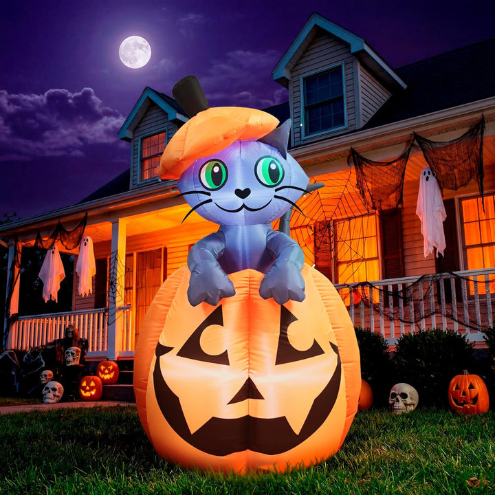 Joiedomi 1,5 m Halloween aufblasbare animierte Kitty Katze auf Kürbis aufblasbare Hof Dekoration mit
