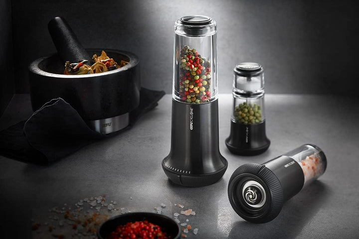 Gefu Pfeffermühle mit Salzsteuer X-Plosion, Gewürzmühle für Pfeffer, Streuer aus Glas, Keramikmahlwe