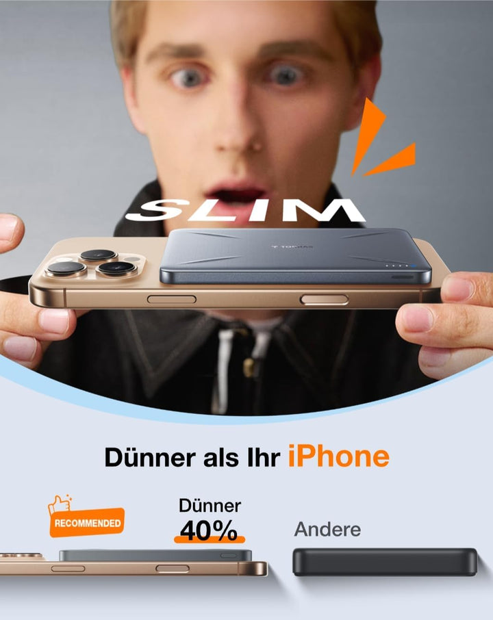 TORRAS Ultra-Slim für MagSafe Power Bank, Wireless Magnetische Powerbank 5000mAh mit USB-C Schnell A