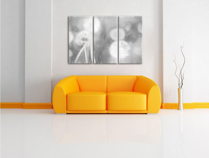 Pixxprint Romantische Pusteblumen Kohle Zeichnung Effekt 3-Teiler Leinwandbild 120x80 Bild auf Leinw