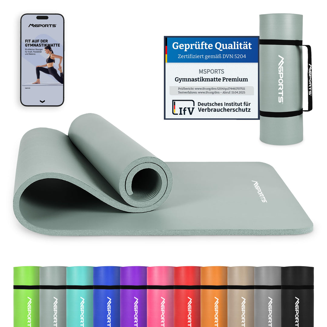 MSPORTS Gymnastikmatte Premium inkl. Tragegurt + Übungsposter + Workout App I Hautfreundliche Fitnes