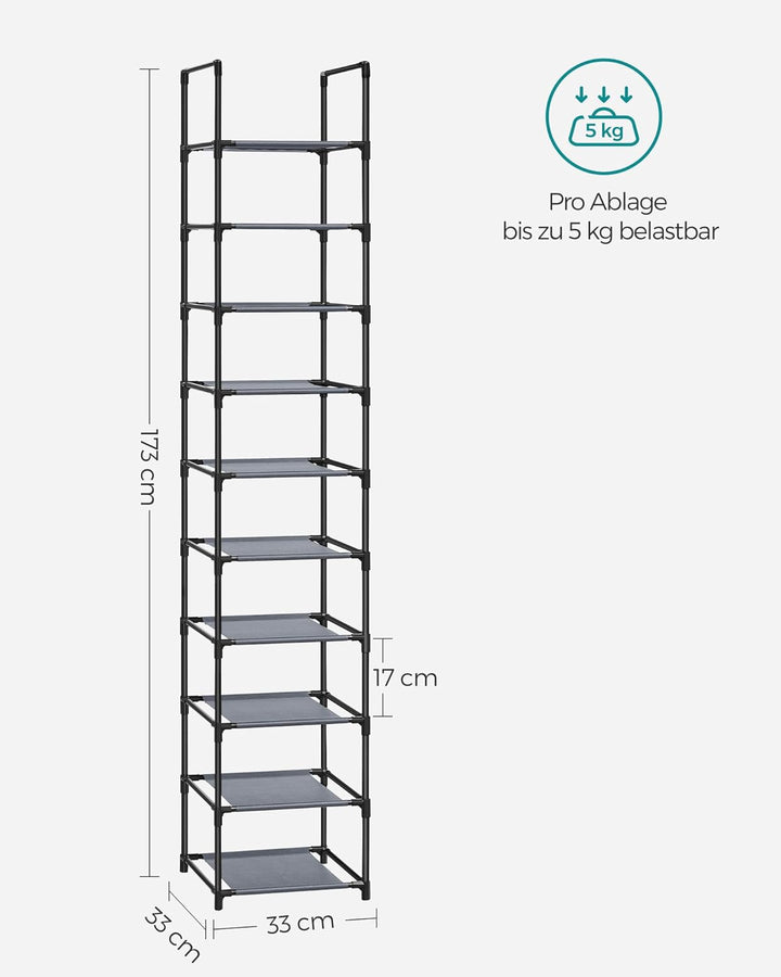 SONGMICS Schuhregal, 10 Ebenen, Schuhablage, Schuhaufbewahrung, schmal, 33 x 33 x 173 cm, Metallgest