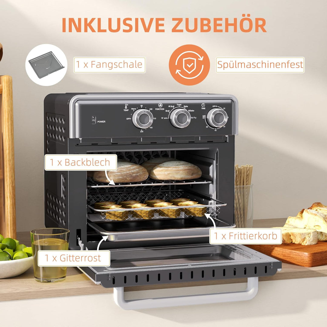 HOMCOM Minibackofen mit Umluft 20L Mini Ofen mit Backblech, Grillrost und Krümelblech, 90 °C-230 °C