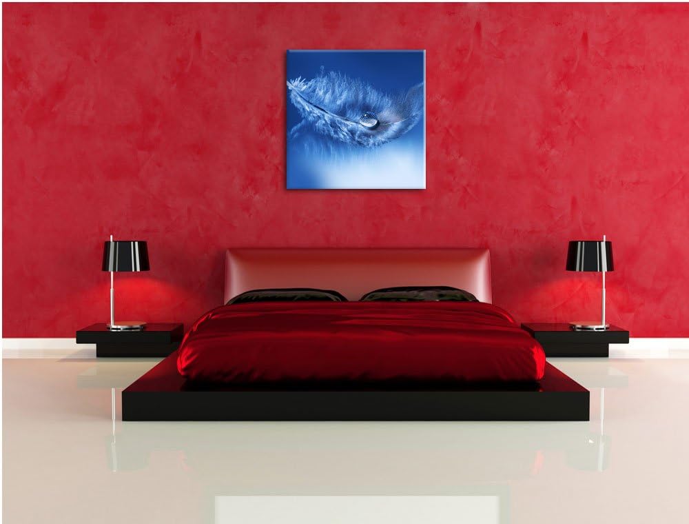 Wassertropfen auf Feder, Format: 70x70 auf Leinwand, XXL riesige Bilder fertig gerahmt mit Keilrahme