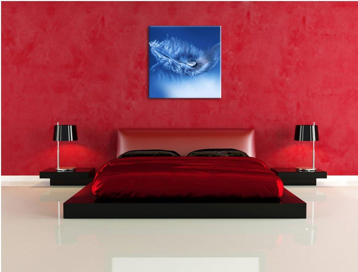 Wassertropfen auf Feder, Format: 70x70 auf Leinwand, XXL riesige Bilder fertig gerahmt mit Keilrahme