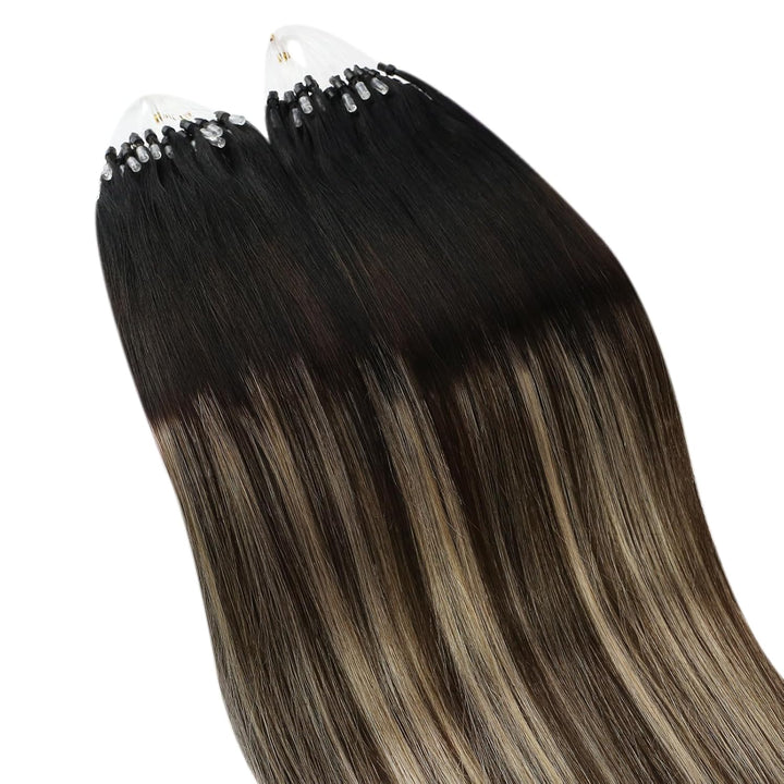 Ugeat 45cm Haarverlängerung mit Microrings Balayage Schwarz zu Dunkelbraun und Karamellblond Remy Ec