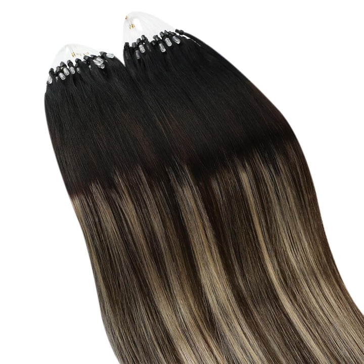 Ugeat 45cm Haarverlängerung mit Microrings Balayage Schwarz zu Dunkelbraun und Karamellblond Remy Ec