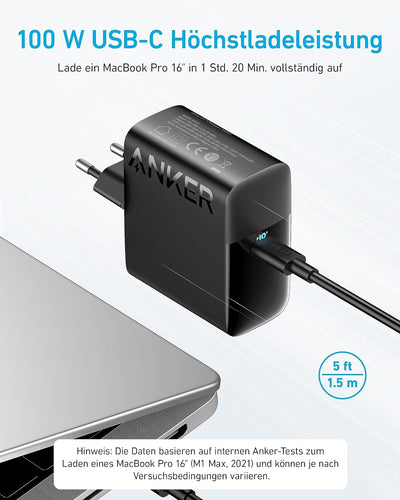 100W USB-C Ladegerät, MacBook Pro Charger, Anker PIQ 3.0 Kompaktes Schnellladegerät für MacBook Pro,