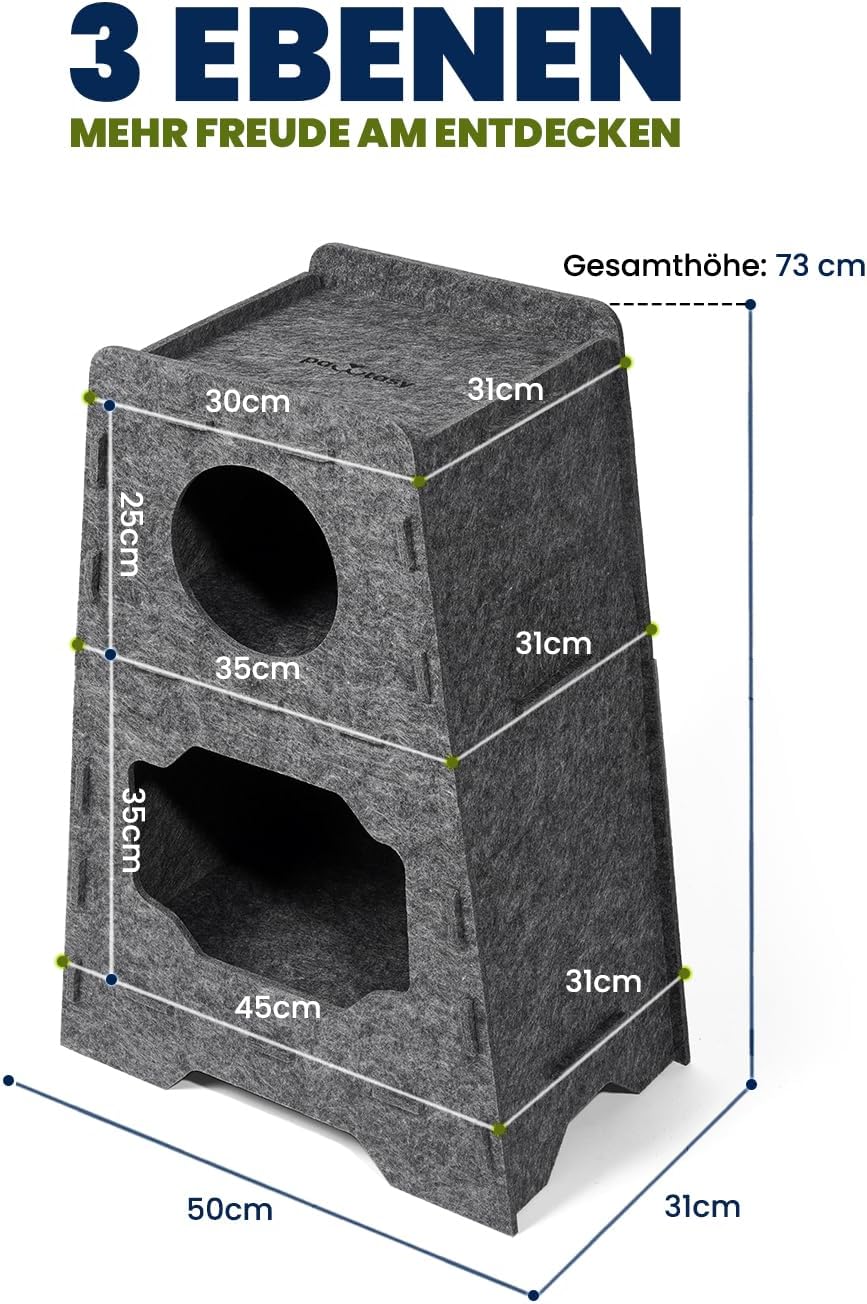 Pawtasy Katzenhöhle Filz Katzenhaus aus Filz für grosse Katzen, Katzen Höhle 3-Ebenen, Trapezform St