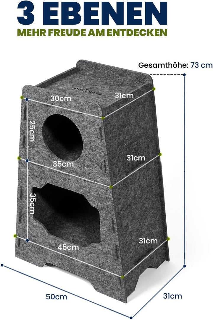 Pawtasy Katzenhöhle Filz Katzenhaus aus Filz für grosse Katzen, Katzen Höhle 3-Ebenen, Trapezform St