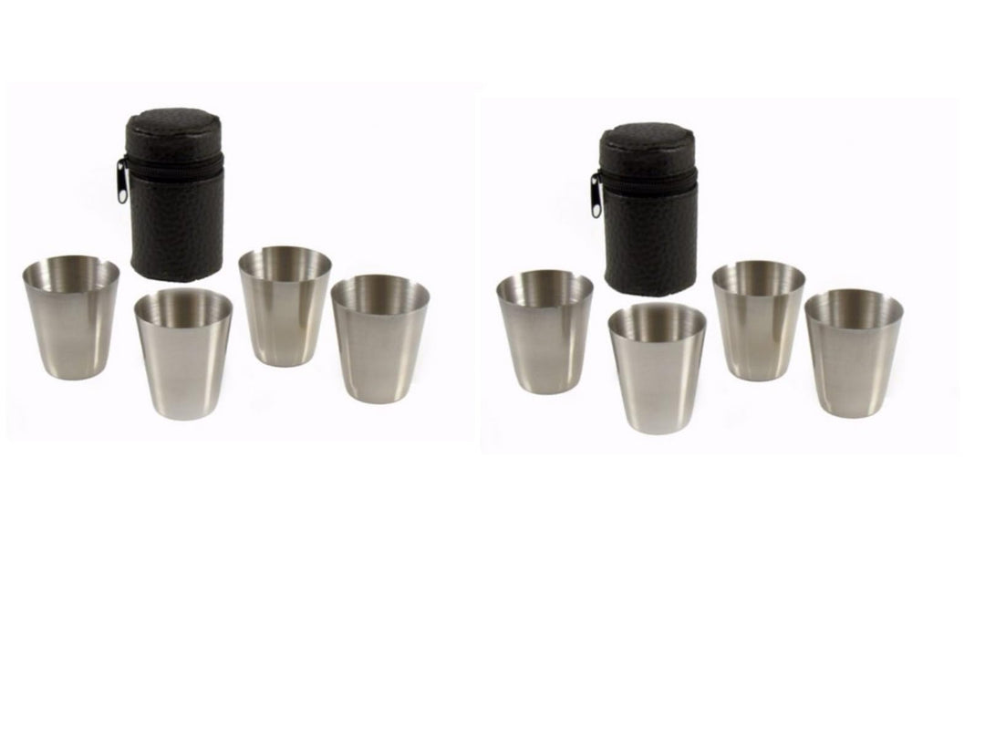 Schnapsbecher Trinkbecher Birdie Schnaps für Golfer Flachmann Becher Chrom mit Tasche (2 x 4 Becher,