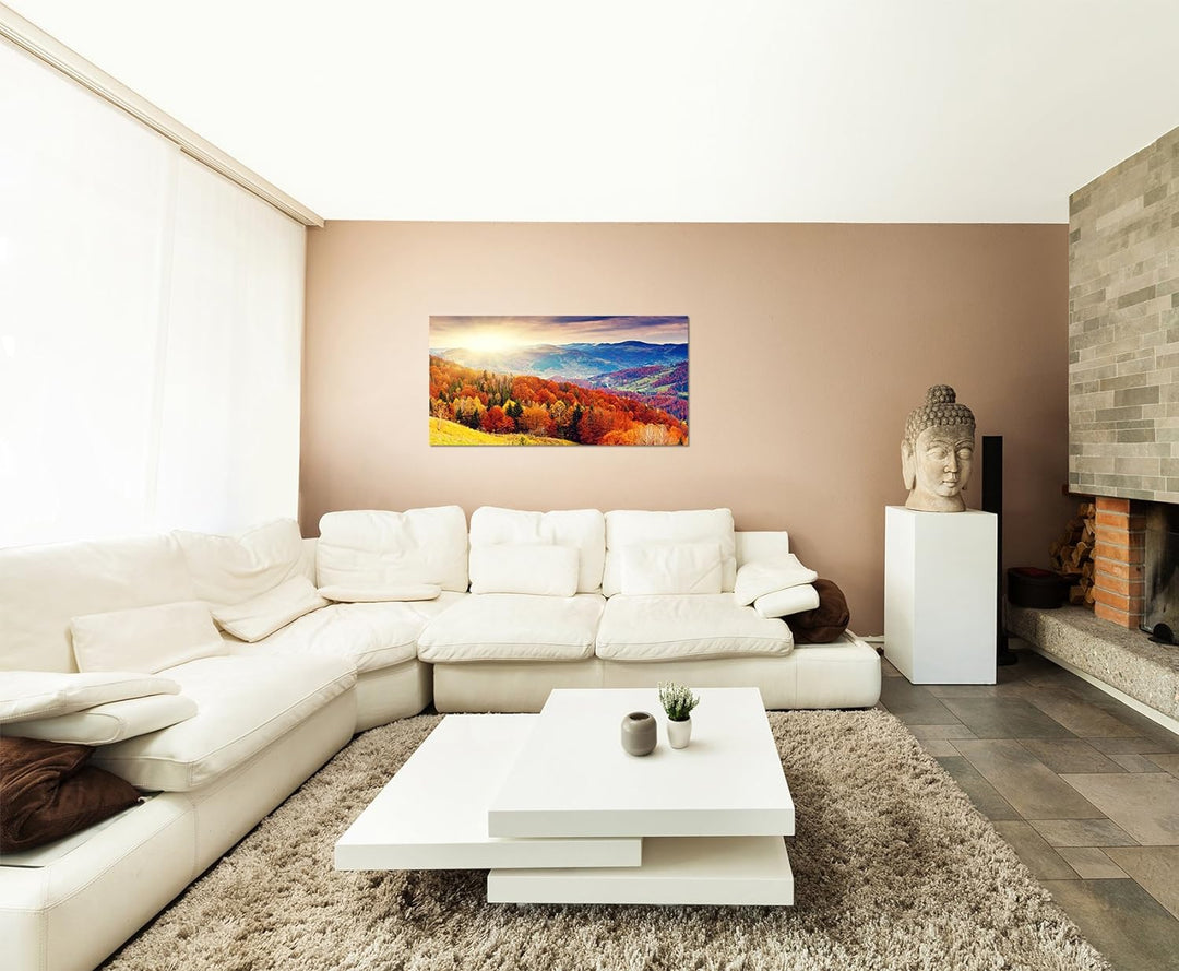 Paul Sinus Art 120x80cm - WANDBILD Berge Wiese Herbstwald Landschaft - Leinwandbild auf Keilrahmen m