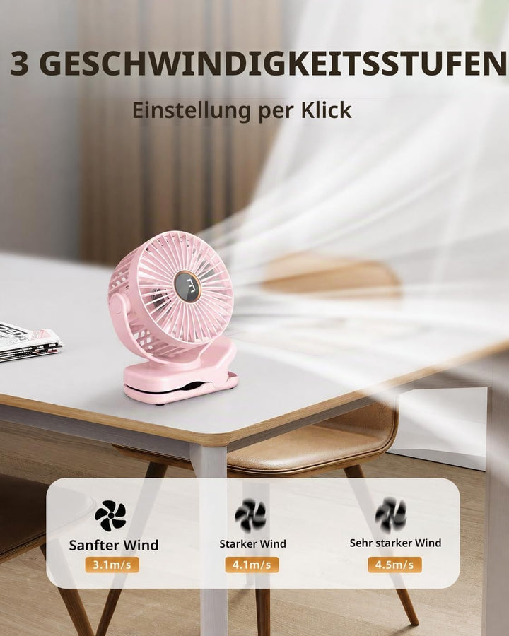 TUNISE USB Ventilator mit Clip, Mini Ventilator 3 Stufen 4,5 m/s, 2000mAh Akku 9,5Std Laufzeit, Tisc