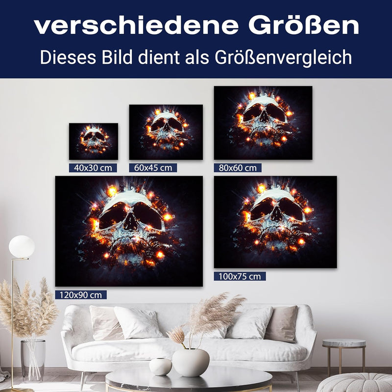 wandmotiv24 Leinwand-Bilder Totenköpfe, Grösse 60x45cm, Querformat, Totenkopf Explosion, Feuer, Rauc