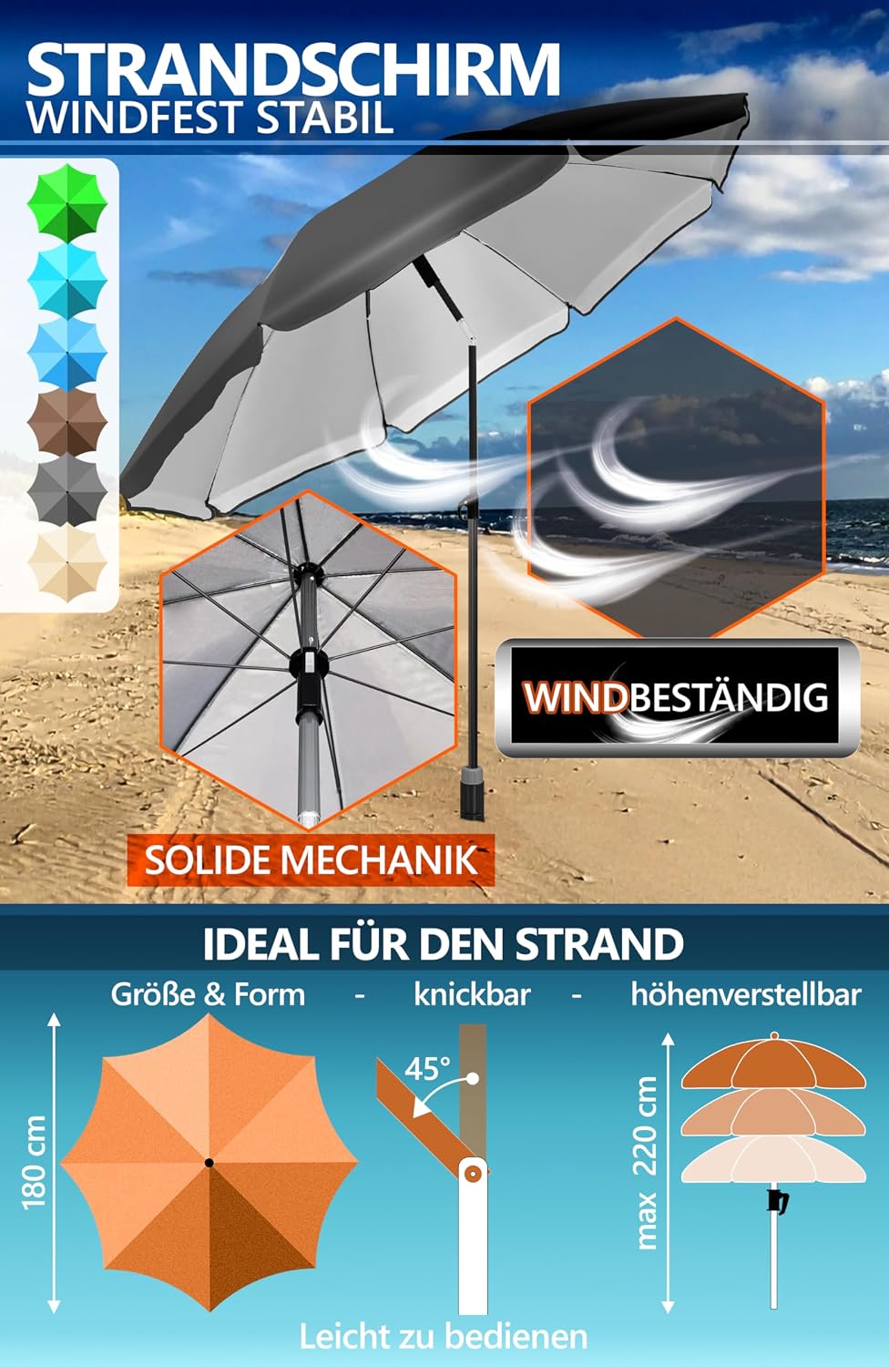 4smile Sonnenschirm Strand SunnyJoy Ø 180 cm, 3er Set - Strandschirm mit UV Schutz 50+, inkl. Sonnen