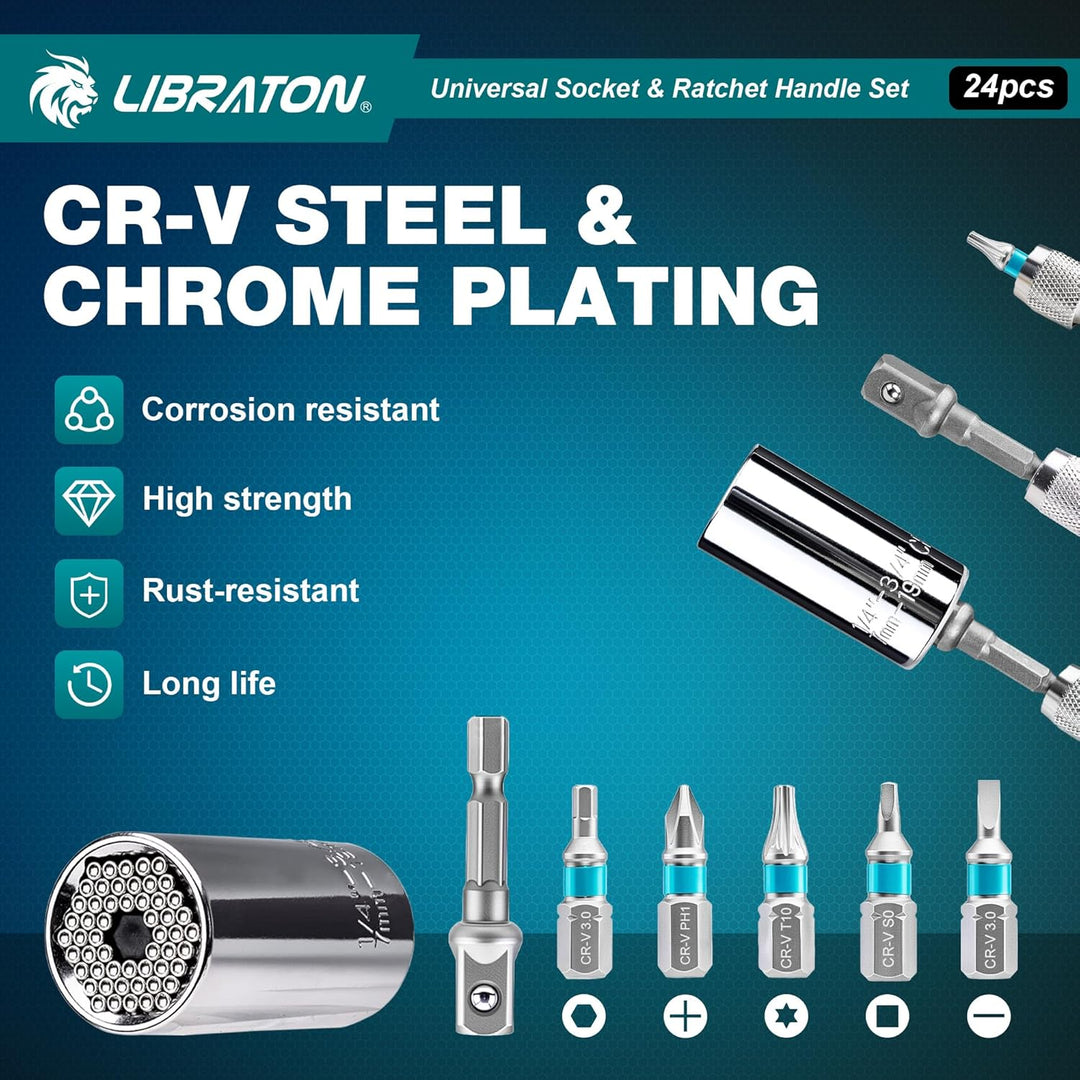 LIBRATON 24-tlg. 1/4" Drive T-Griff Ratsche & Universalschlüssel, Bitsatz, Steckschlüssel adapter Ad
