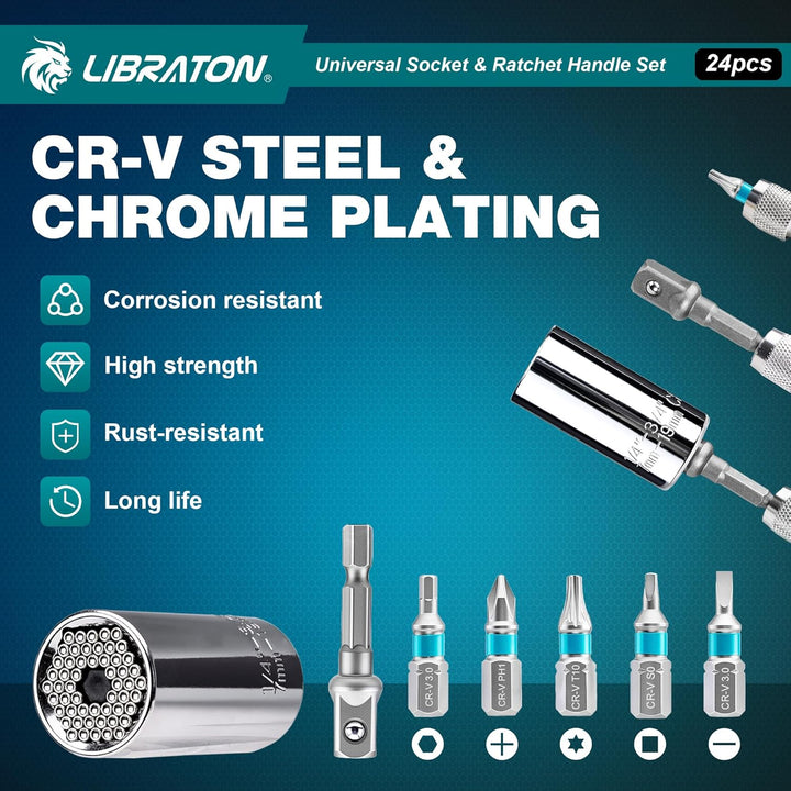LIBRATON 24-tlg. 1/4" Drive T-Griff Ratsche & Universalschlüssel, Bitsatz, Steckschlüssel adapter Ad