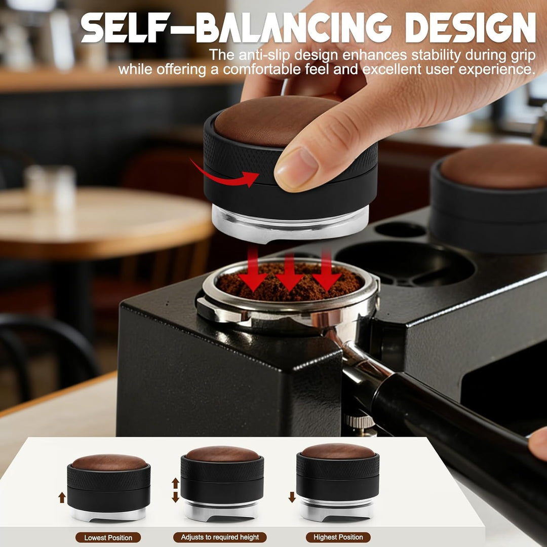 Kaffeetamper Set 58 mm aus Edelstahl – Espresso Tamper mit Holzgriff, Espressopulver-Distributor & S