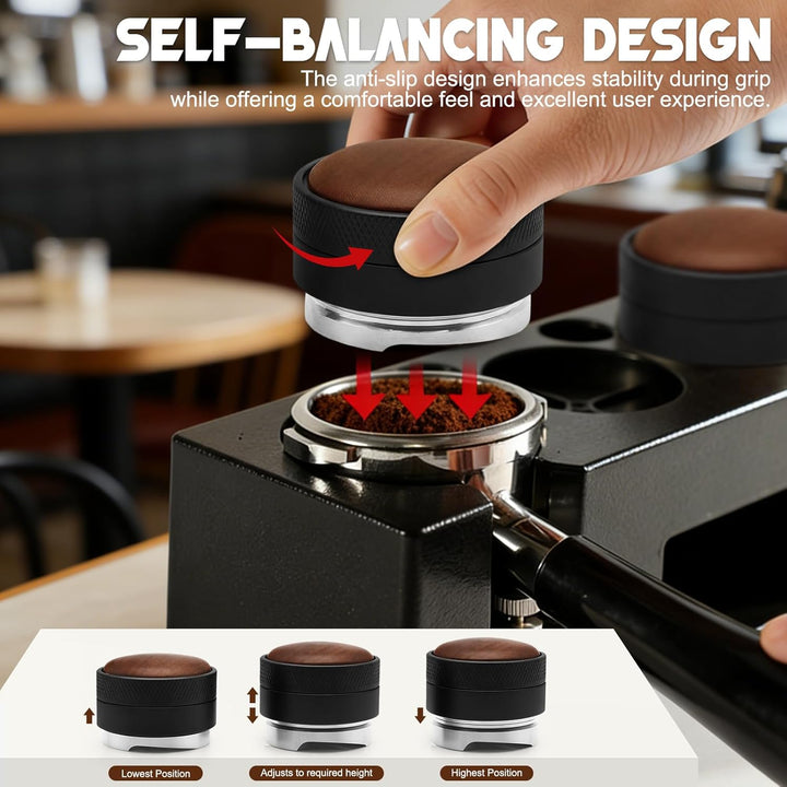 Kaffeetamper Set 58 mm aus Edelstahl – Espresso Tamper mit Holzgriff, Espressopulver-Distributor & S